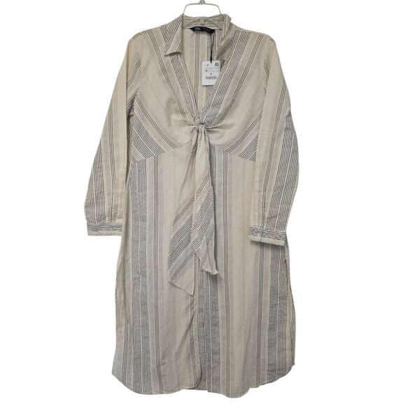 NWT Zara V Neck High Waisted Dress Striped Bow Cream Black Size Med Lightweight - Picture 4 of 11